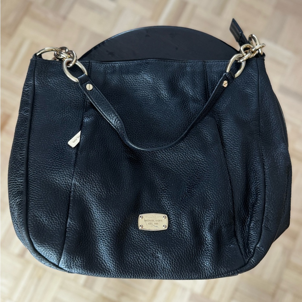 Michael Kors Black Pebbled Leather Shoulder Bag Gold Hardware